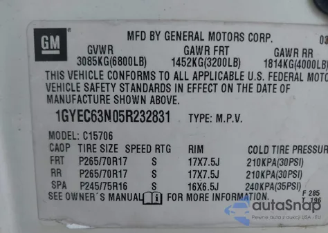 2005 Cadillac Escalade Standard из США, поврежденный, VIN 1GYEC63N05R232831